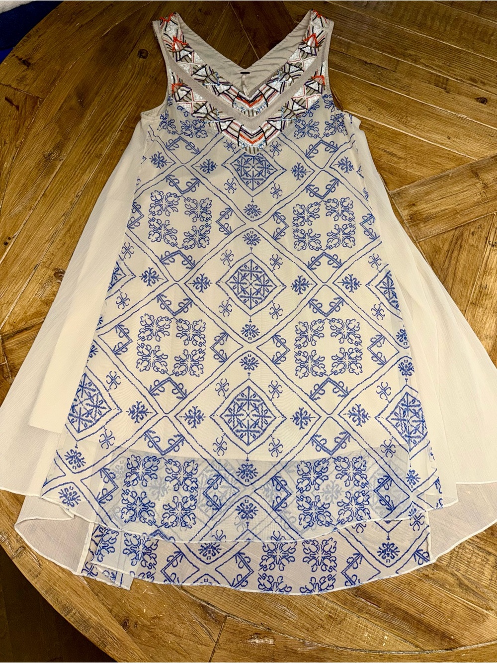 Free People Ancient Mystery Beaded Embroidered Mini Dress Ivory Blue Boho XS